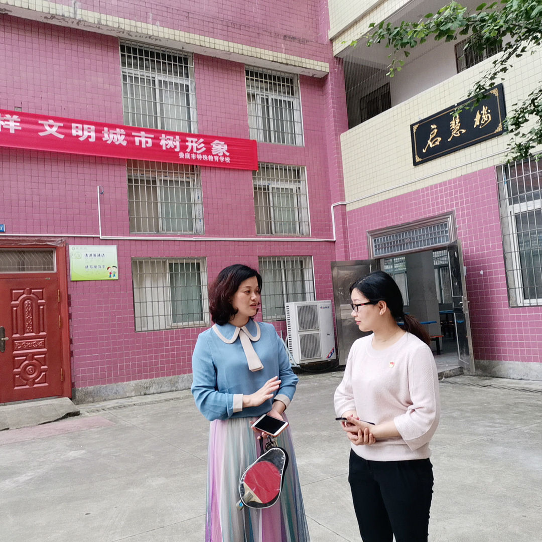 (金沙官网学生第二党支部书记朱燕聪与特殊学校校长交谈学生情况)